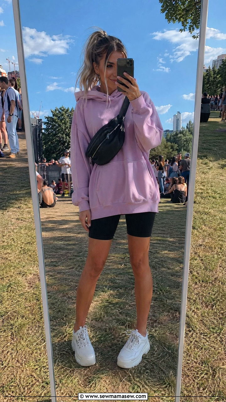Hoodie And Bike Shorts With Chunky Sneakers and a Crossbody Bag - 35 festival outfits aesthetic