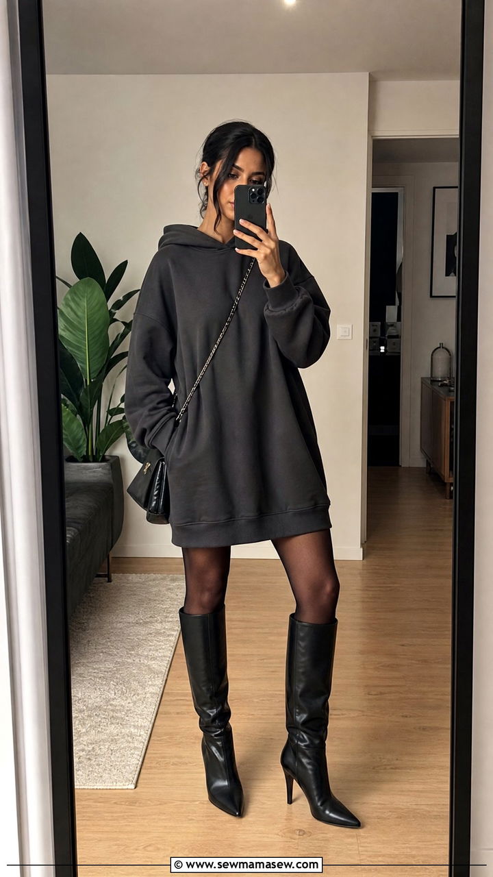 Hoodie Dress With Knee High Boots - 35 How to style a hoodie