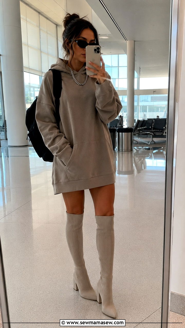Hoodie Dress With Knee High Sock Boots Airport Outfit - 25 Airport outfit ideas for Europe