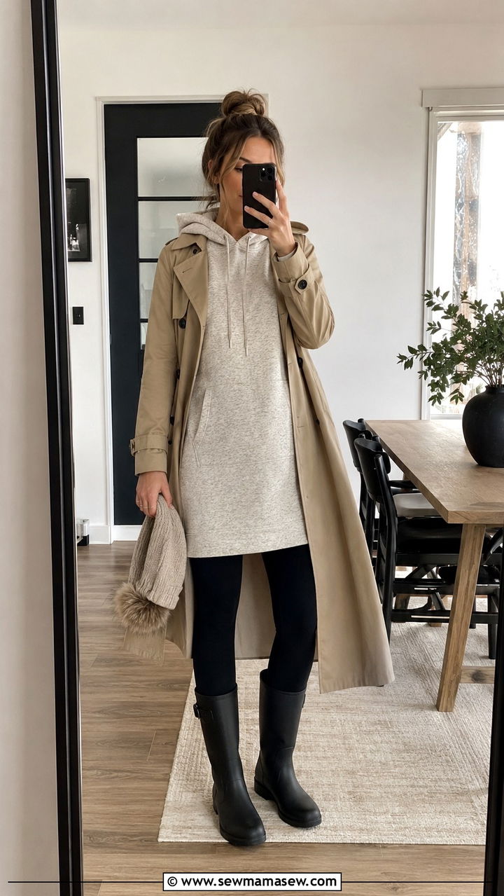Hoodie Dress With Leggings and Rain Boots - 30 Rainy day school outfit ideas