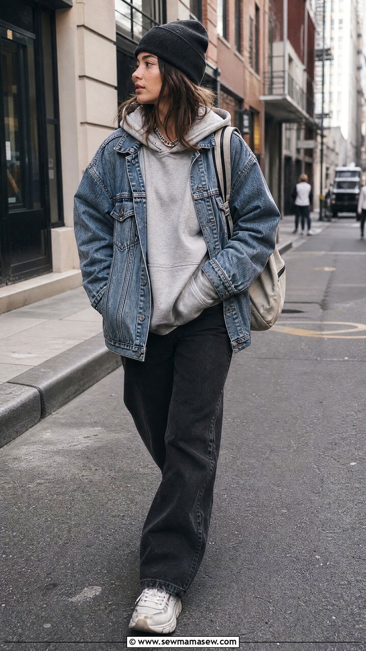 Hoodie Layered Under A Worn Denim Jacket - 25 Grunge outfit ideas 2026