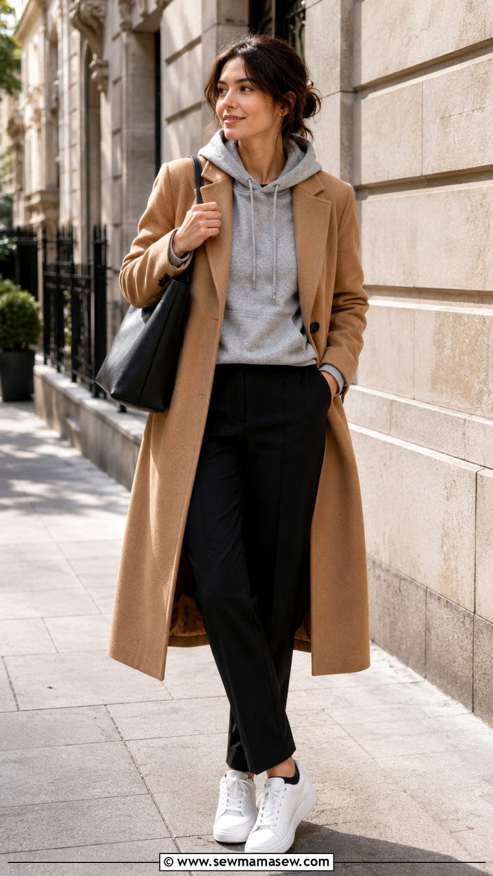 Hoodie Layered Under Wool Coat Spring Outfit - 20 Spring outfits for 50-60 degree weather