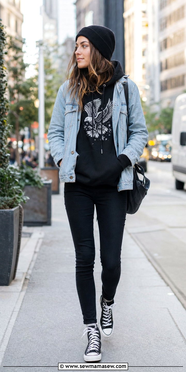 Hoodie Layered Under a Denim Jacket - 25 cute streetwear outfits