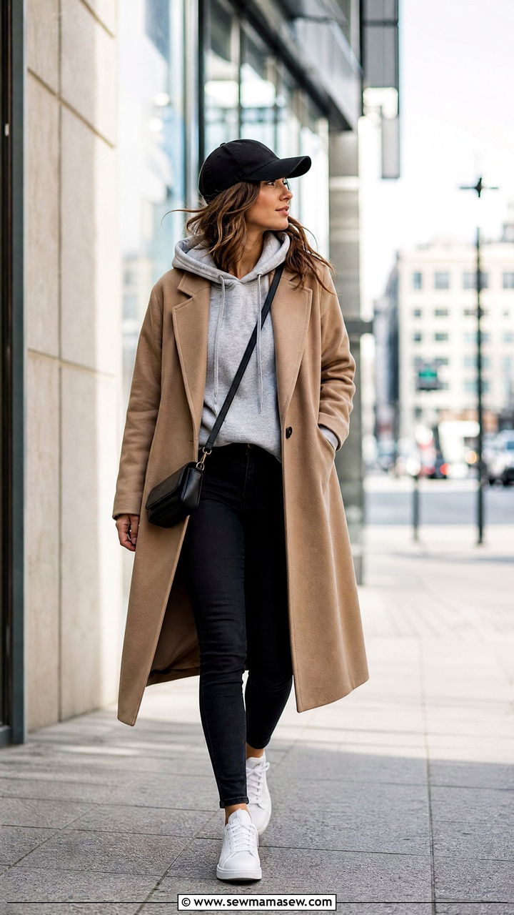 Hoodie Layered Under a Long Coat - 20 Spring outfits for 60 degree weather