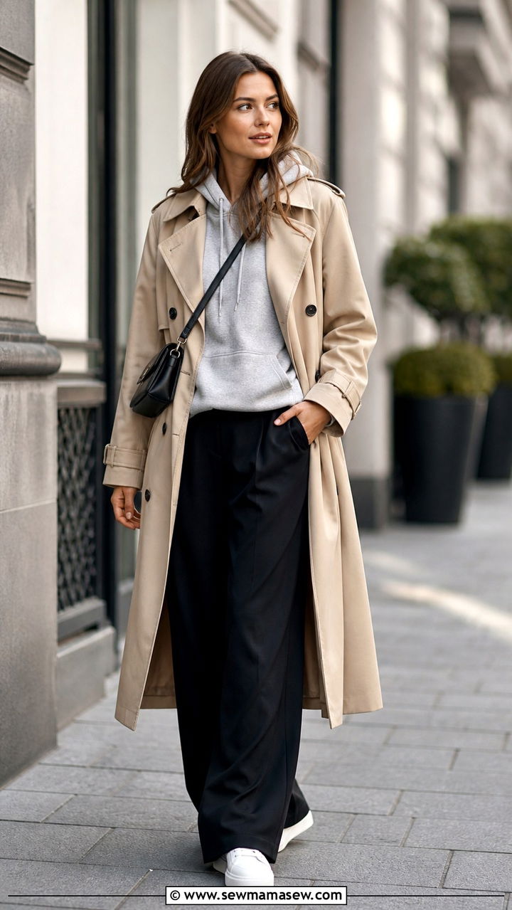 Hoodie Layered Under a Trench Coat With Wide Leg Trousers - 40 Korean outfit ideas