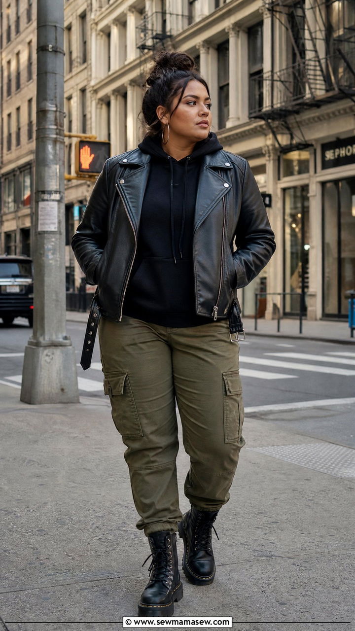 Hoodie Under A Leather Jacket With Cargo Pants And Combat Boots - 35 Midsize capsule wardrobe