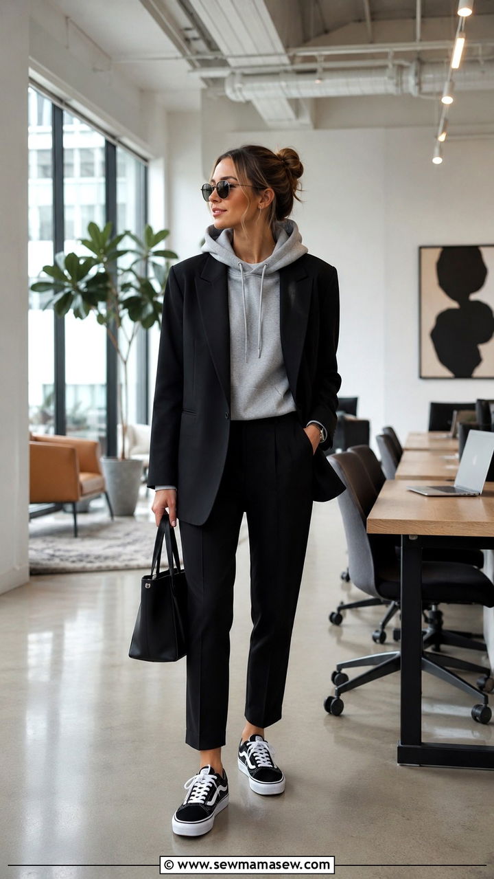 Hoodie Under Blazer With Trousers Combo - 25 transitional travel outfit ideas