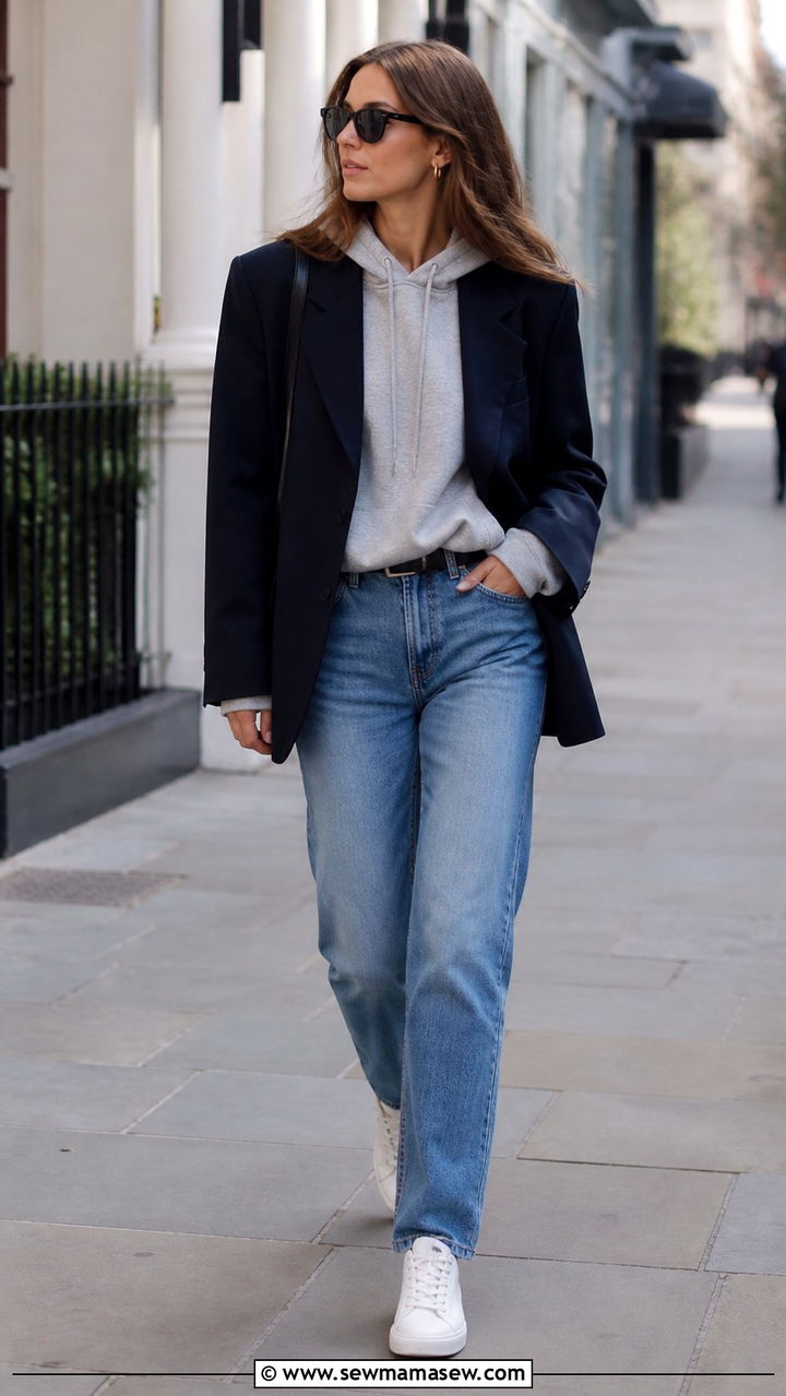 Hoodie Under Blazer with Relaxed Jeans and Clean Sneakers - 40 casual jeans outfits