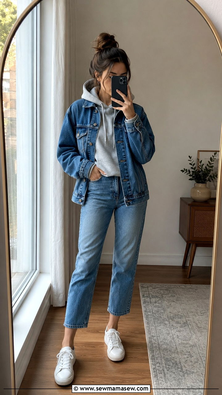 Hoodie Under Denim Jacket With Cropped Jeans - 30 rainy day outfits casual