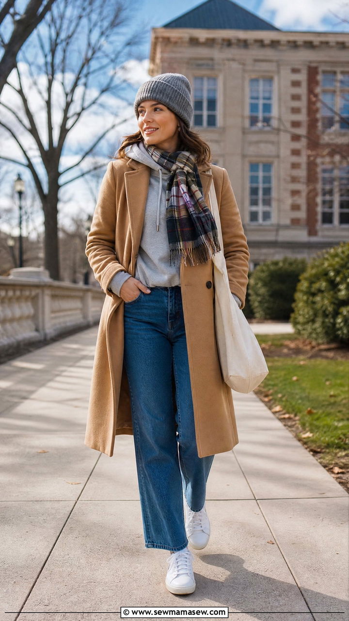 Hoodie Under Long Coat with Straight Jeans and Sneakers - 30 College campus outfit ideas 2026