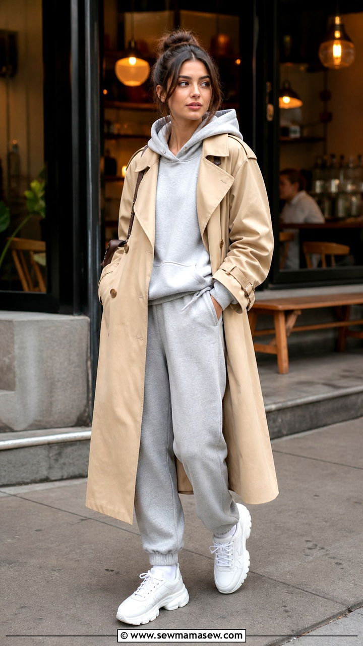 Hoodie Under Trench Coat with Joggers and Sneakers - 40 rainy day outfits