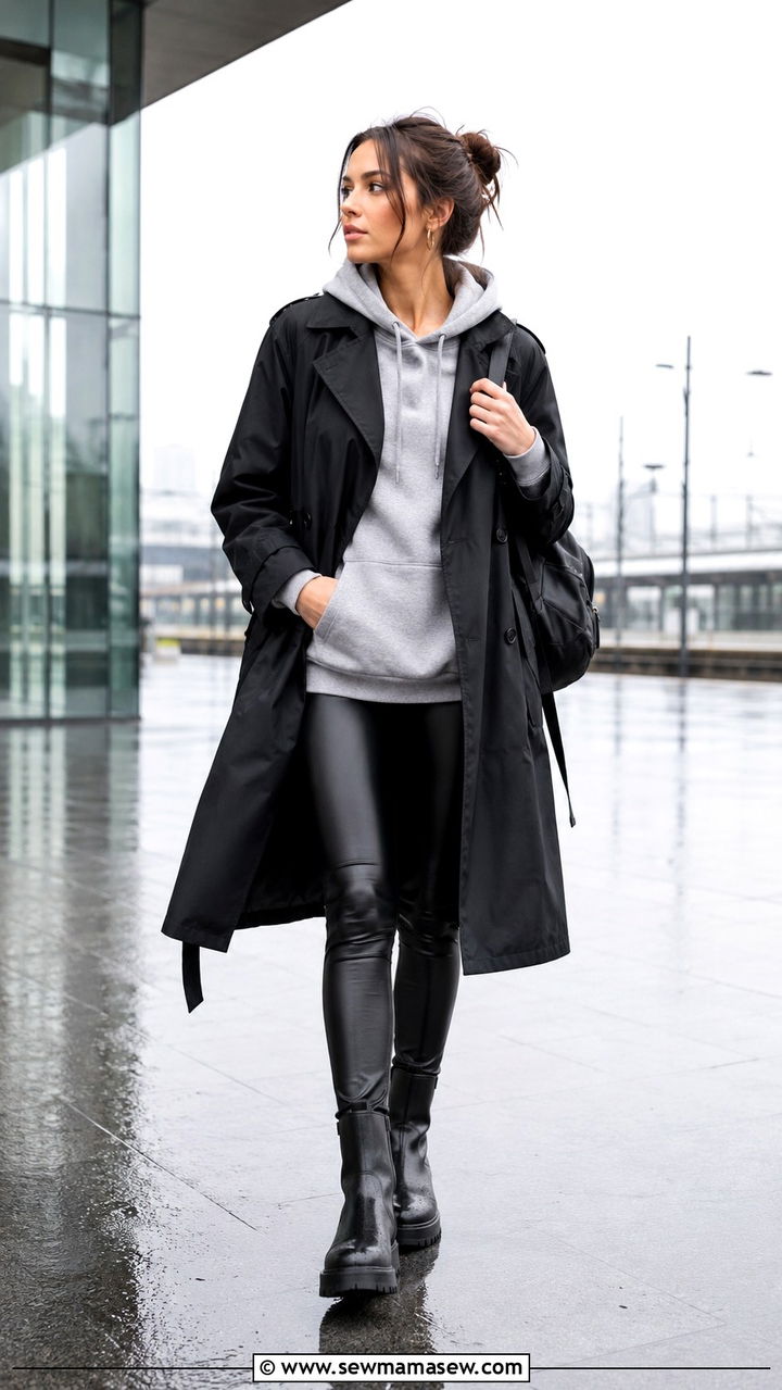Hoodie Under Water Resistant Trench With Platform Boots - 30 Rainy day work outfit ideas
