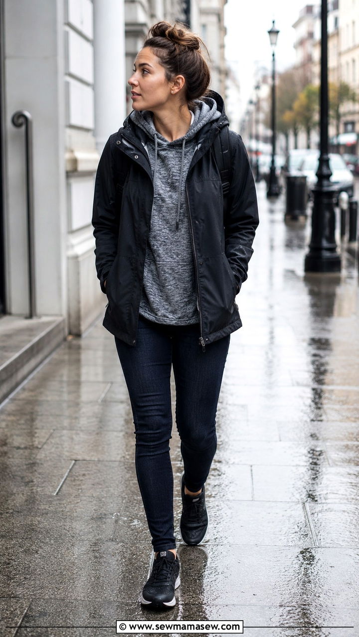Hoodie Under Waterproof Jacket With Skinny Jeans And Sneakers - 25 rainy day outfits Pinterest
