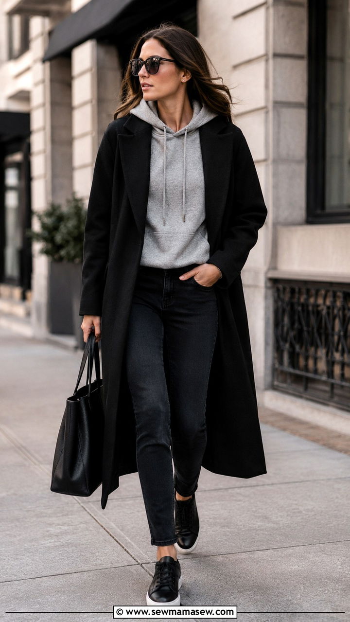 Hoodie Under Wool Coat Outfit - 30 classy athleisure outfit ideas