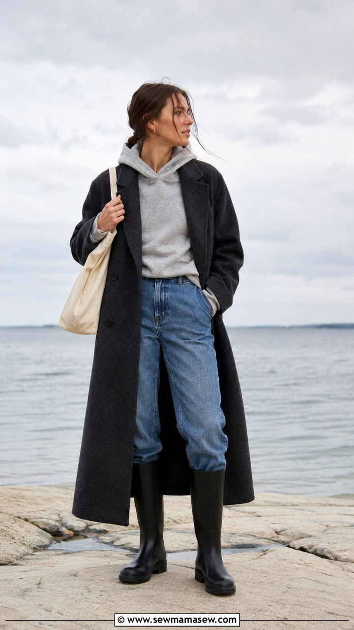 Hoodie Under a Long Wool Coat with Rubber Boots - 30 transitional rainy day outfit ideas