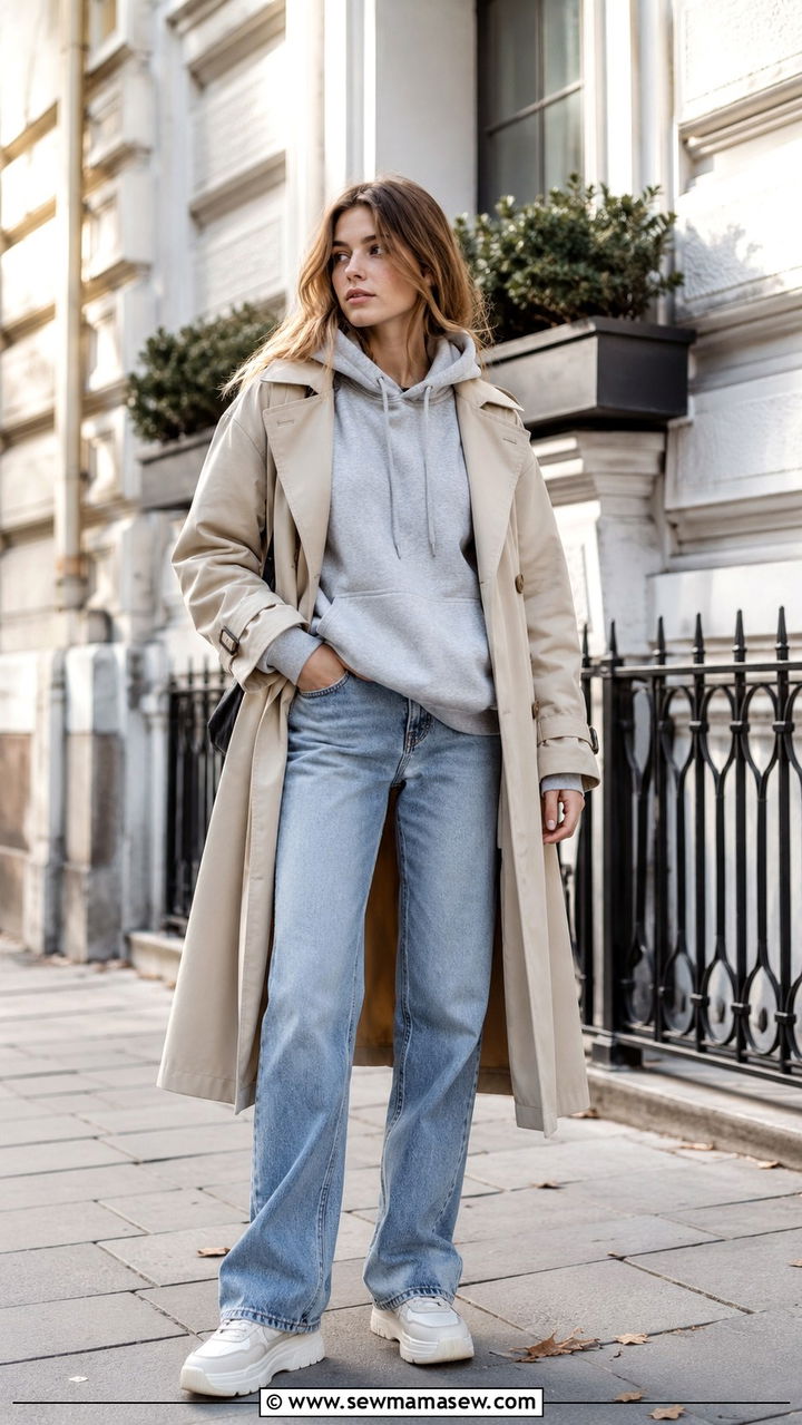 Hoodie Under a Trench Coat with Straight Leg Jeans and Platform Sneakers - 30 Trendy outfits for 16 year olds