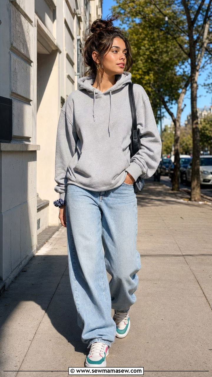Hoodie With Baggy Jeans and Colorful 90s Sneakers - 35 90s capsule wardrobe outfits