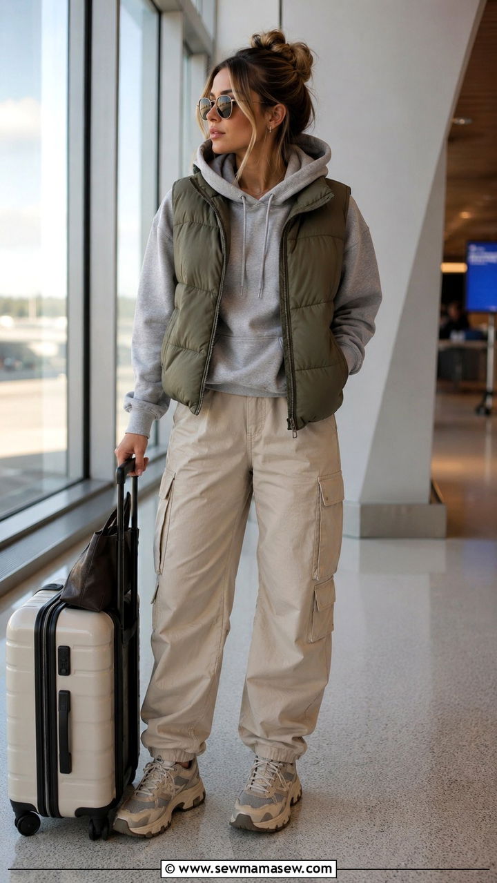 Hoodie With Cargo Pants and Puffer Vest - 25 Airport outfit ideas for cold destination