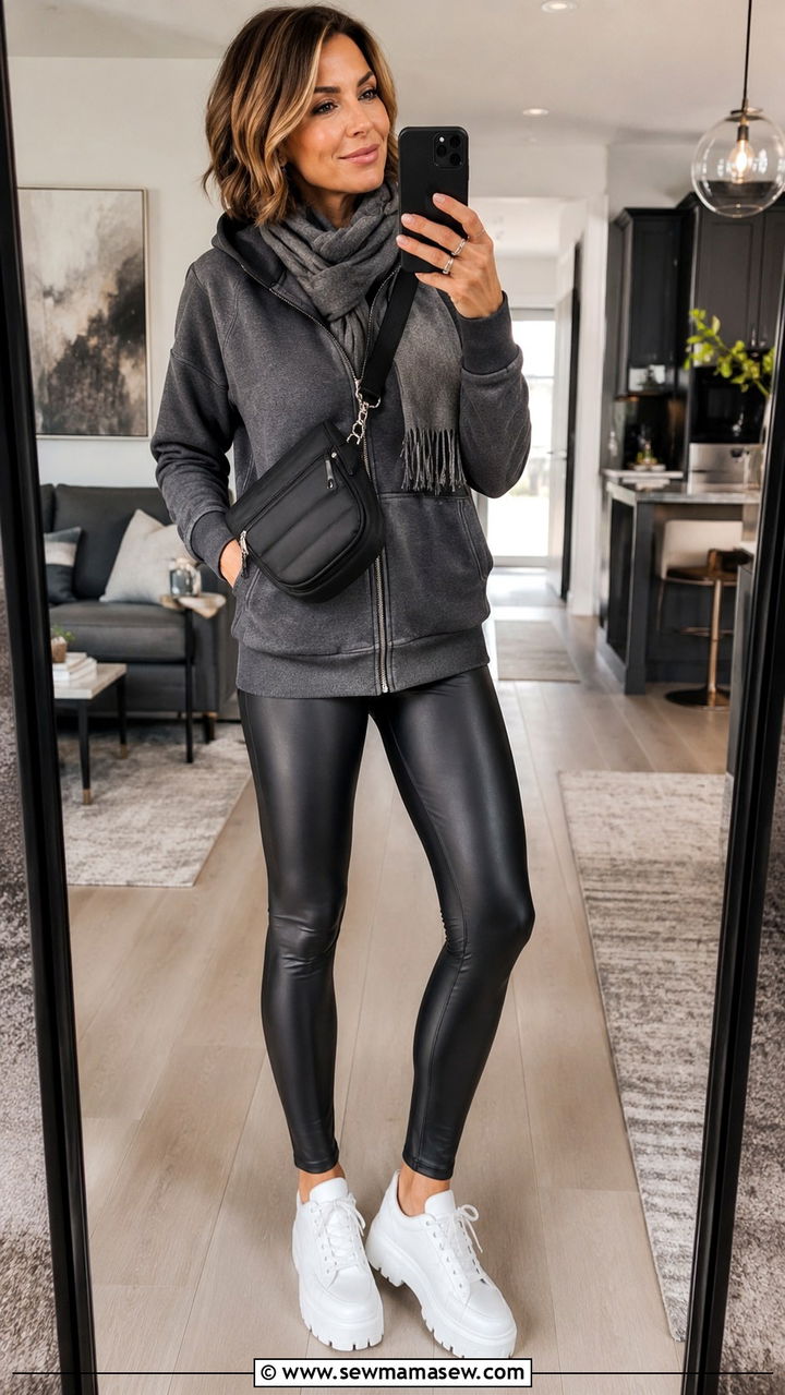 Hoodie With Faux Leather Leggings And Chunky Sneakers - 30 Sporty chic outfit ideas for women over 40