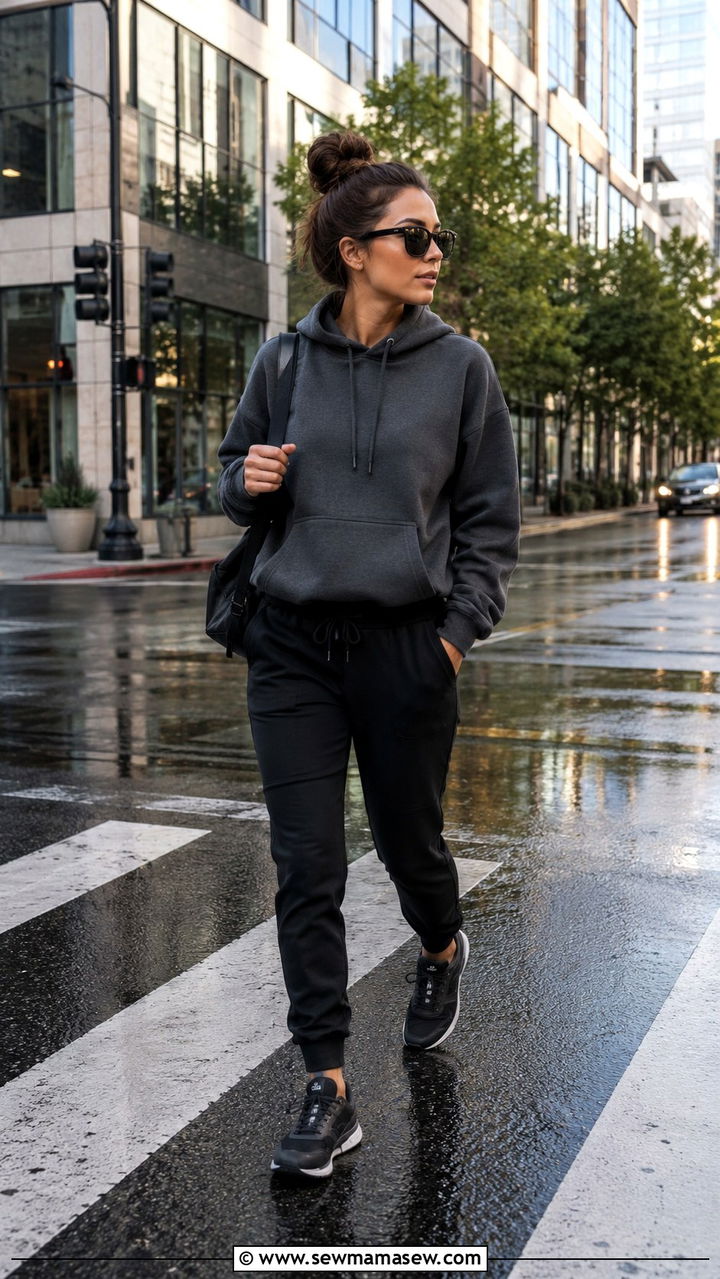Hoodie With Joggers and Waterproof Trainers - 30 rainy day outfits casual