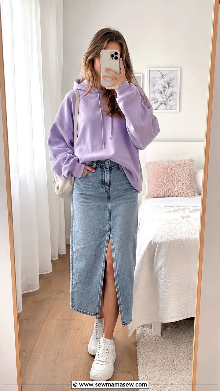 Hoodie With Midi Denim Skirt And Chunky Sneakers - 30 Modest outfit ideas for teens