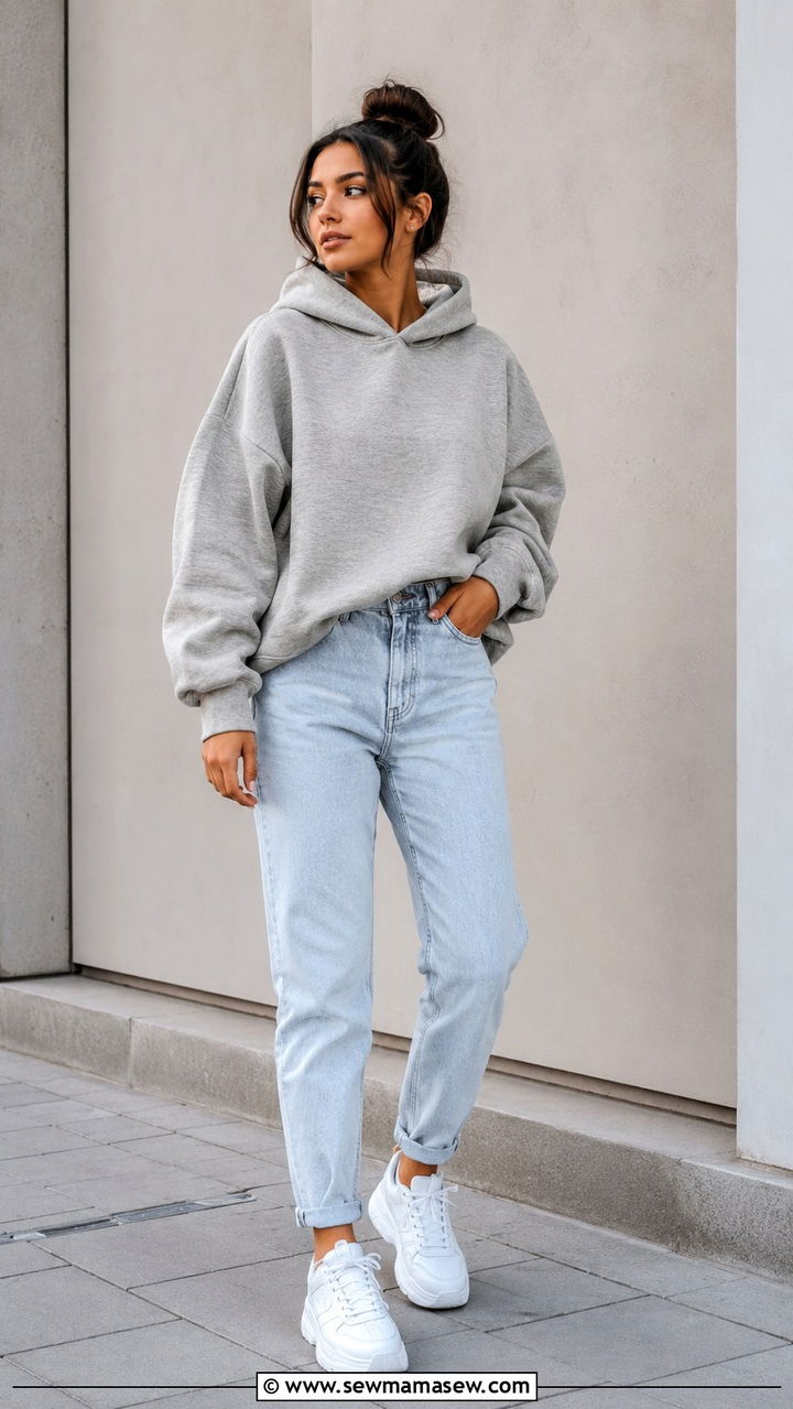 Hoodie With Mom Jeans and White Sneakers - 30 Mom jeans outfit ideas with white sneakers