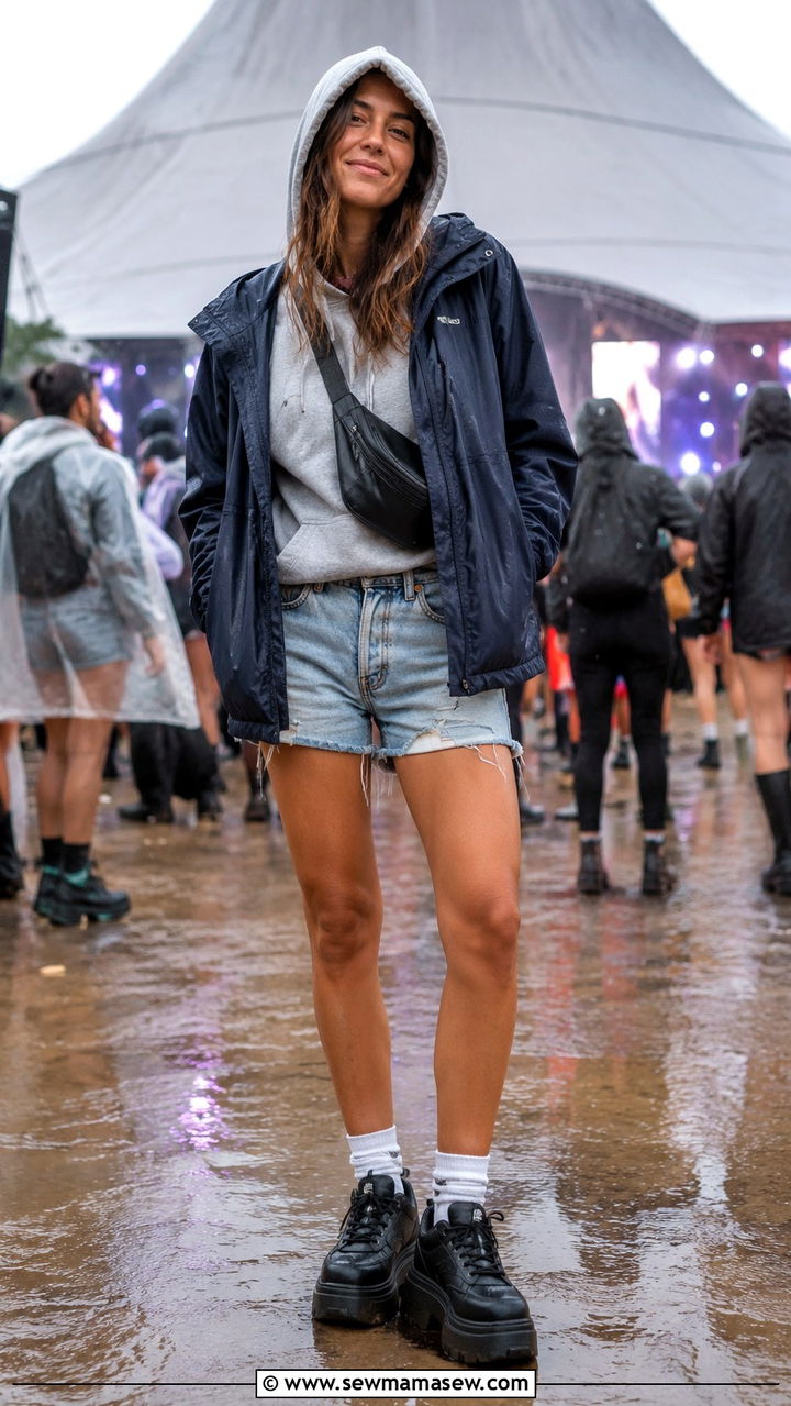 Hoodie With Rain Shell and Denim Shorts - 25 Rainy festival outfit ideas