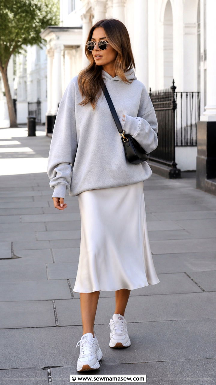 Hoodie With an A Line Midi Skirt and Sneakers - 40 Korean outfit ideas