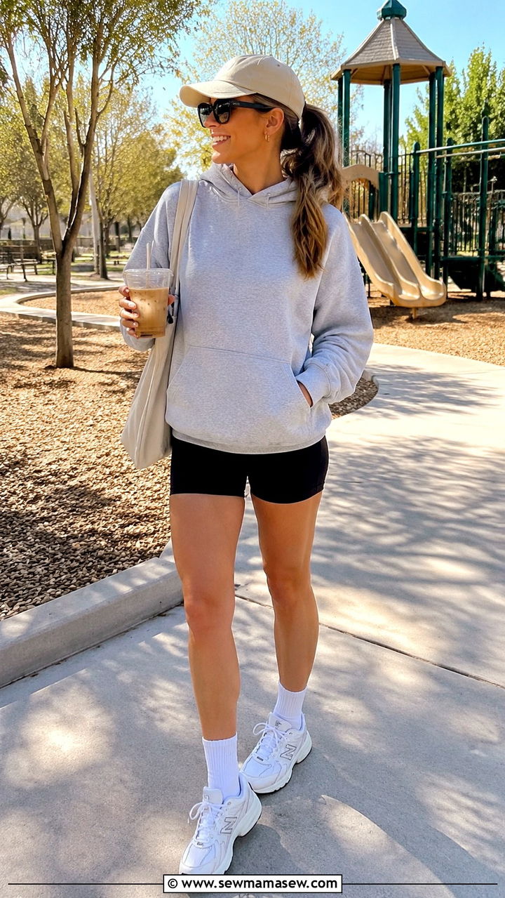 Hoodie and Bike Shorts Spring Mom Outfit - 30 Spring outfit ideas for stay at home mom