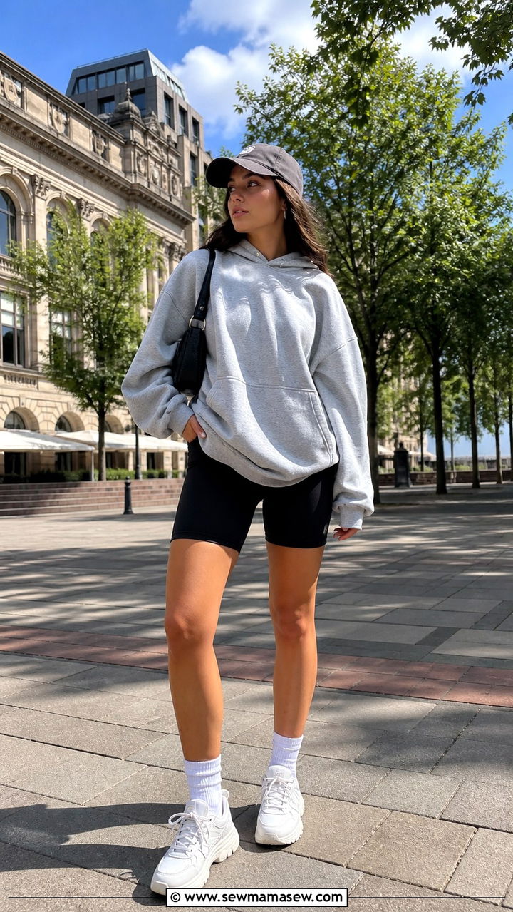 Hoodie and Biker Shorts Casual Outfit - 40 casual outfits