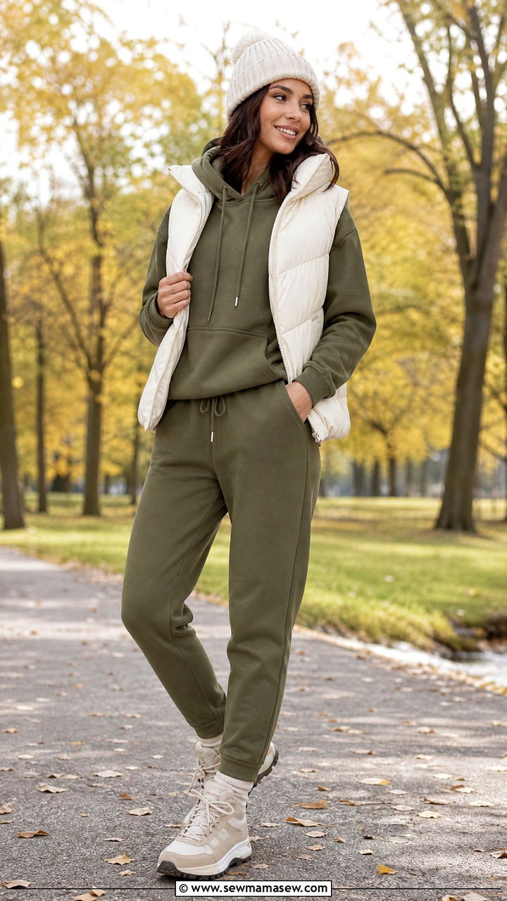 Hoodie and Joggers Set With Puffer Vest - 25 Hoodie and joggers matching set outfit ideas