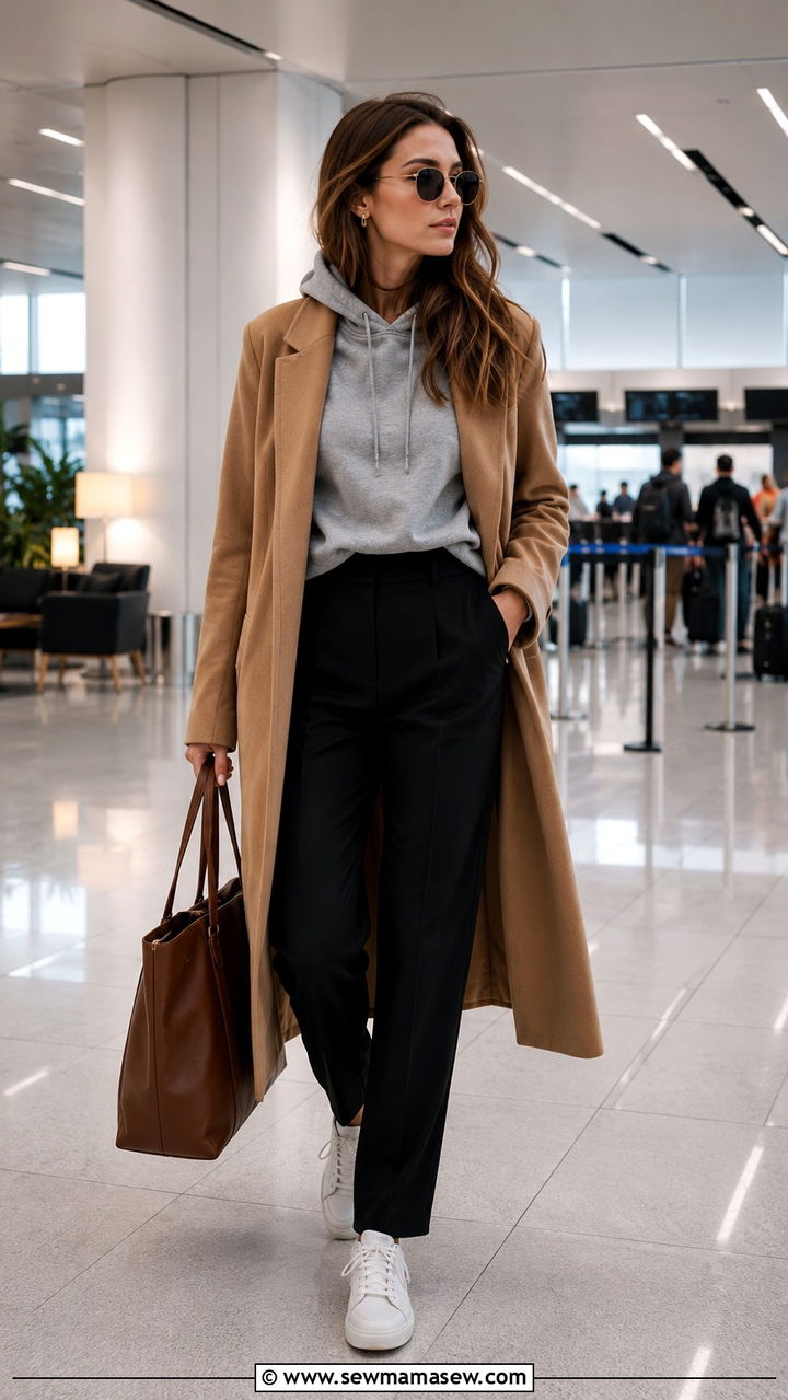 Hoodie and Tailored Trousers Airport Outfit - 25 Airport outfit ideas for short flight