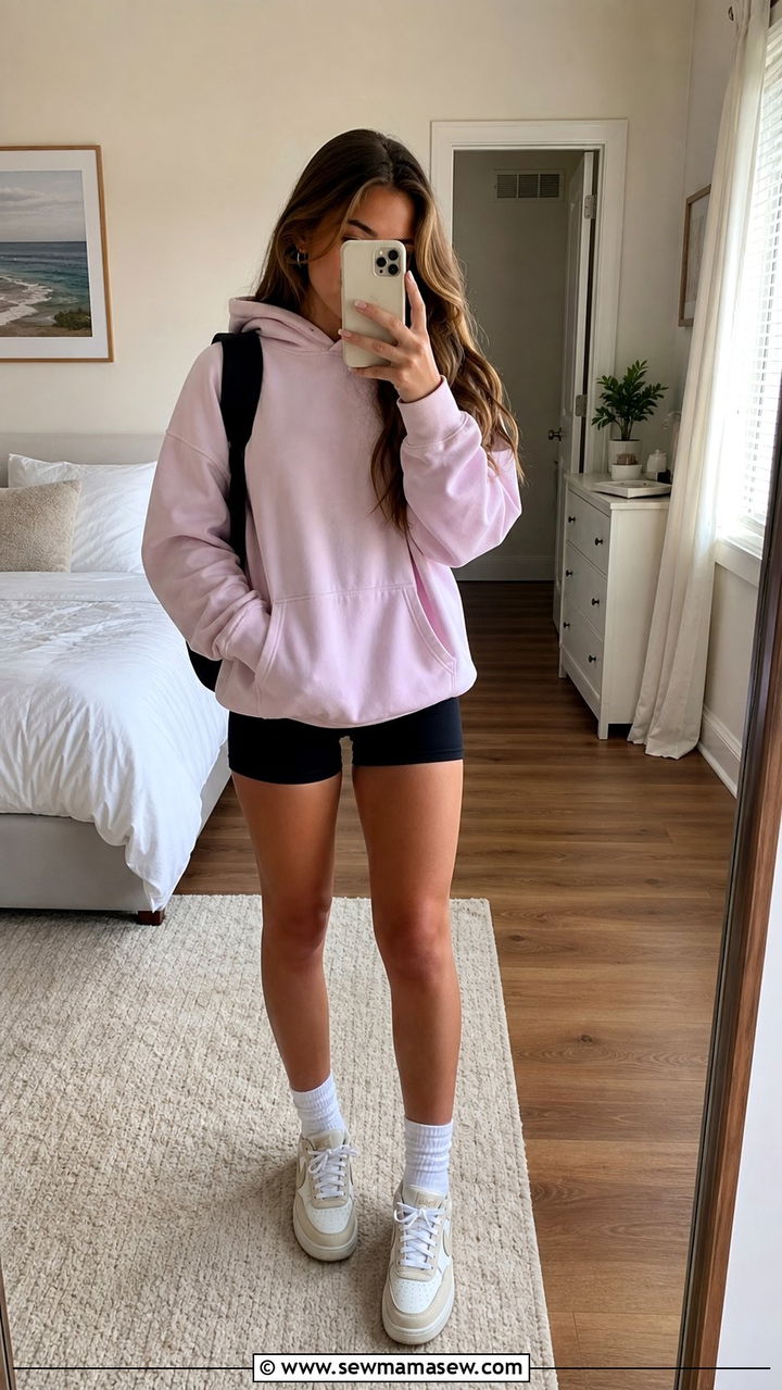 Hoodie and bike shorts outfit for school - 35 Back to school outfit ideas 9th grade