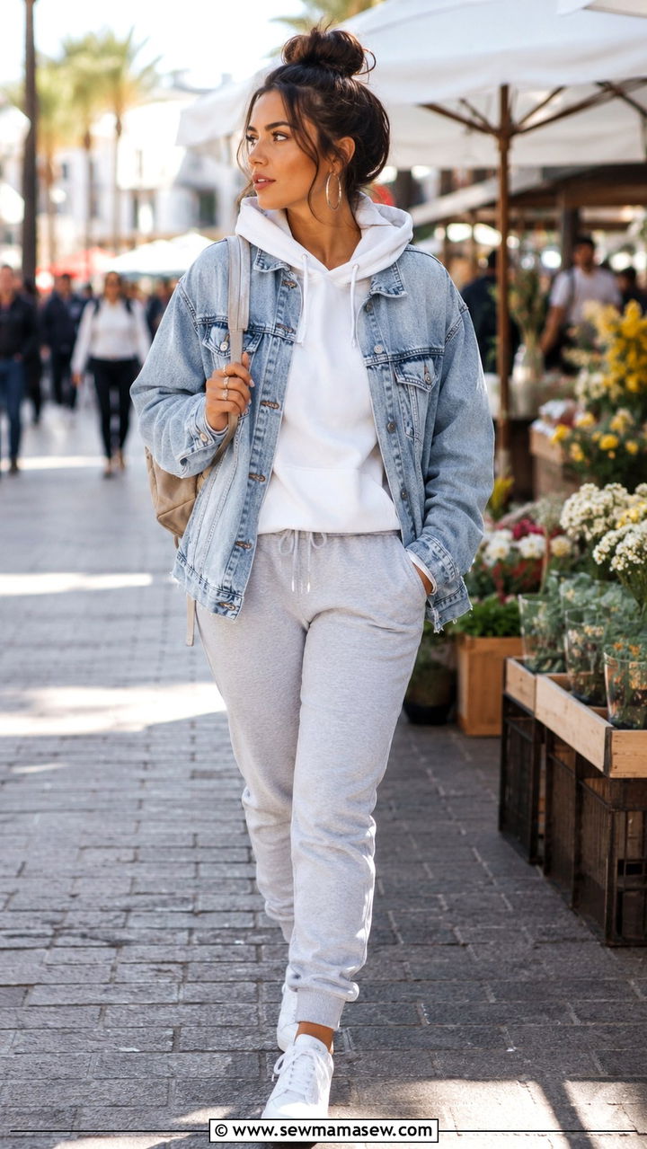 Hoodie and joggers with denim jacket - 30 Hoodie and joggers outfit ideas