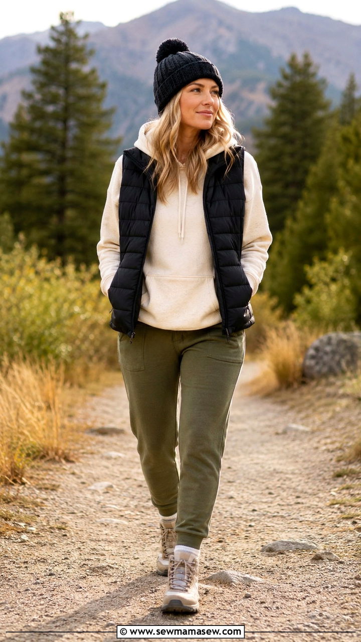 Hoodie and joggers with puffer vest - 30 Hoodie and joggers outfit ideas