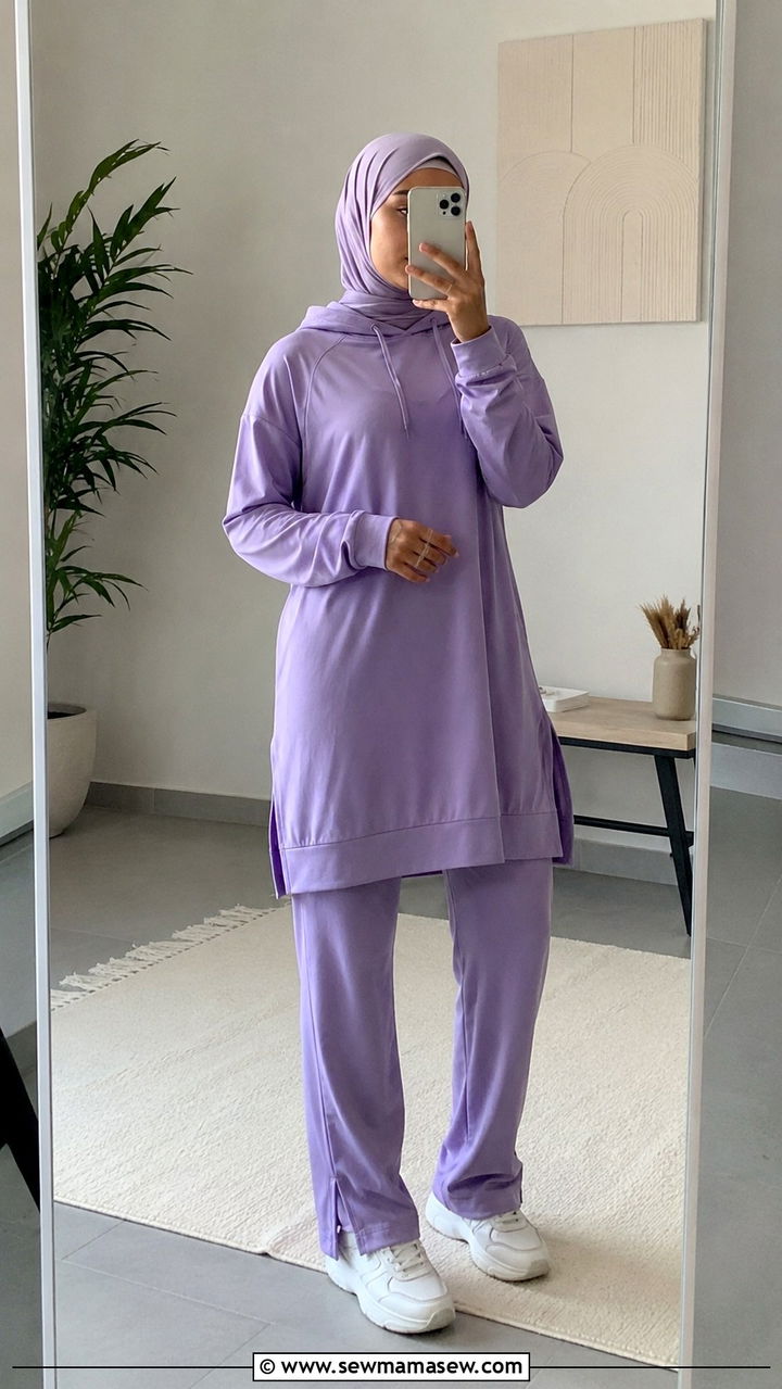 Hoodie dress with straight leg training pants and jersey hijab - 25 Modest running outfit ideas with hijab