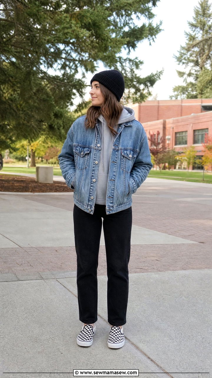 Hoodie layered under a denim jacket outfit - 30 college outfits inspo
