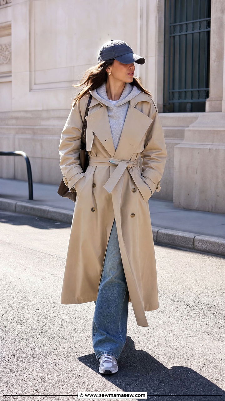 Hoodie layered under a structured trench coat - 25 windy day outfits 2026