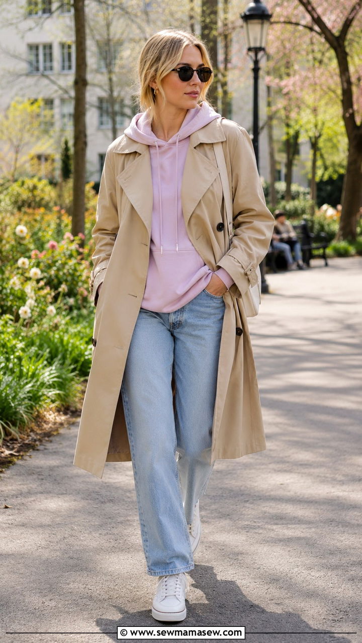 Hoodie layered under trench coat with straight leg jeans - 30 Hoodie outfit ideas for women 2026