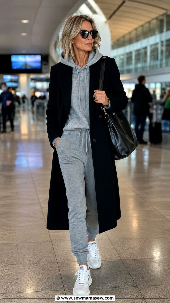 Hoodie under a tailored coat with joggers and dad sneakers - 25 model off duty outfit ideas for women over 40