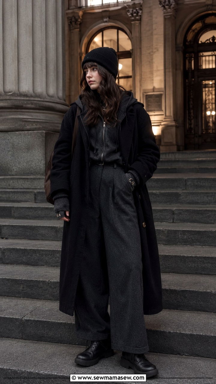 Hoodie under a wool coat with wide leg trousers and boots - 30 Chaotic academia outfit ideas