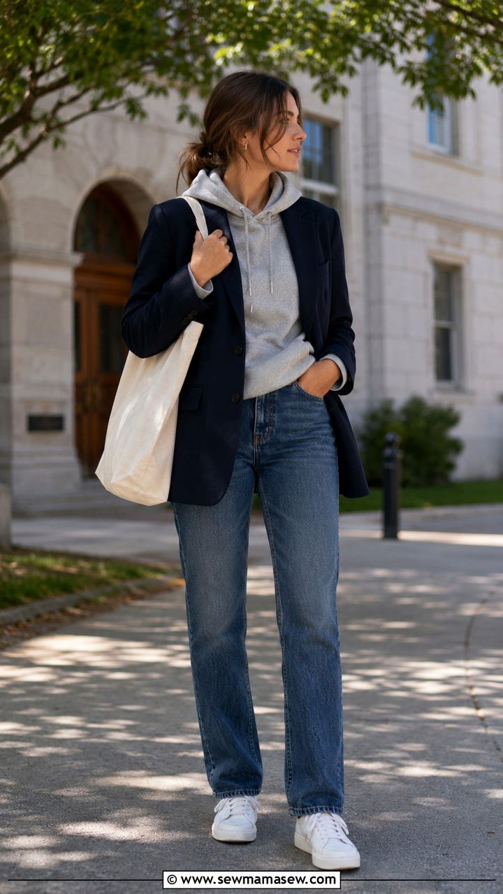 Hoodie under blazer with jeans outfit - 30 Preppy college outfit ideas