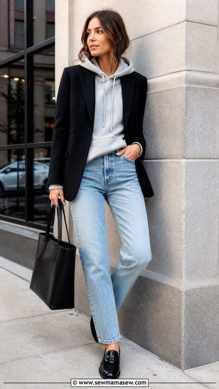 Hoodie with Blazer and Straight Leg Jeans - 40 Cozy spring outfits