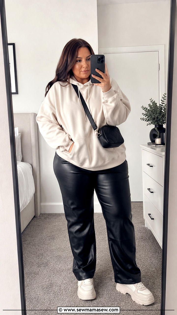 Hoodie with Leather Trousers and Chunky Sneakers - 25 Plus size outfit ideas for 14-16