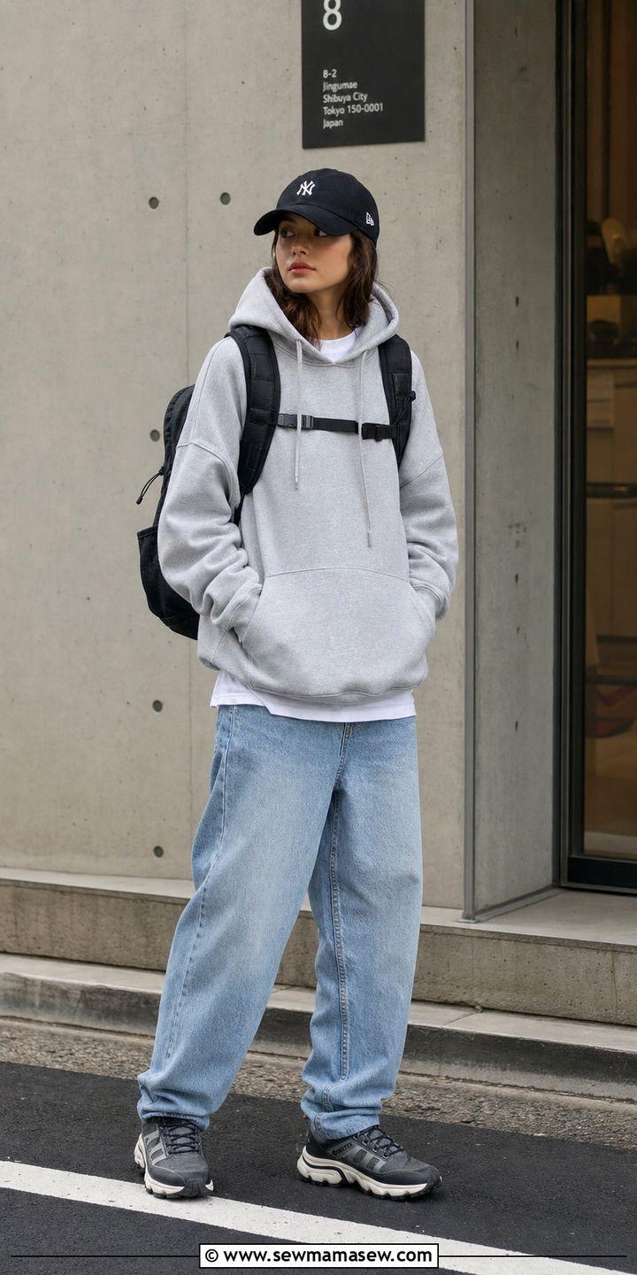 Hoodie with Relaxed Jeans and Waterproof Sneakers - 25 Drizzle outfit ideas
