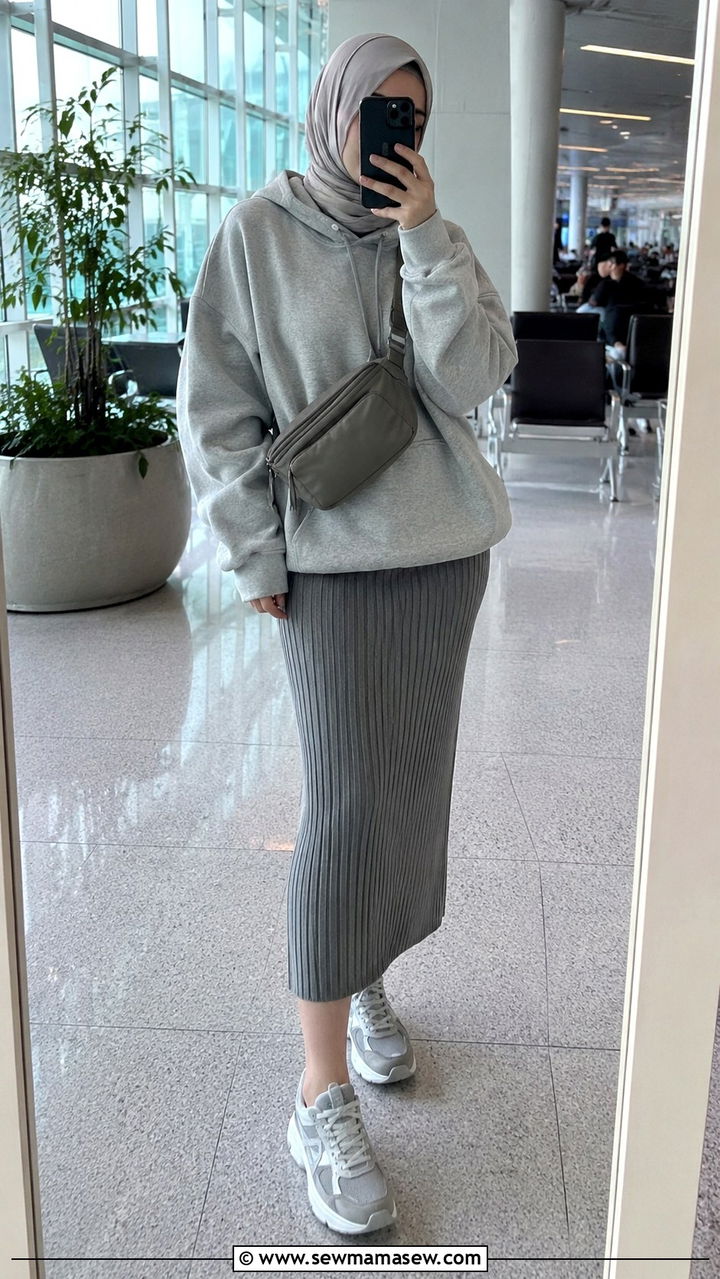 Hoodie with Ribbed Midi Skirt and Chunky Trainers - 30 Modest outfit ideas for airport