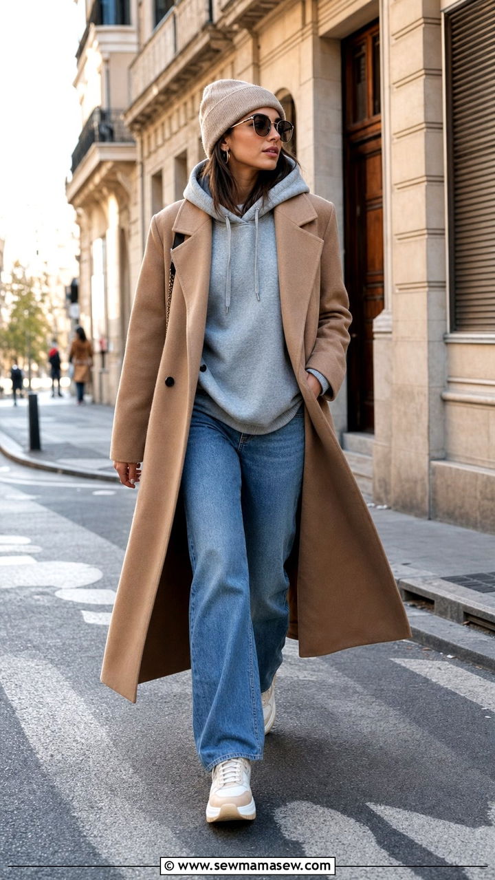 Hoodie with Structured Coat and Straight Leg Jeans - 25 cute windy day outfits