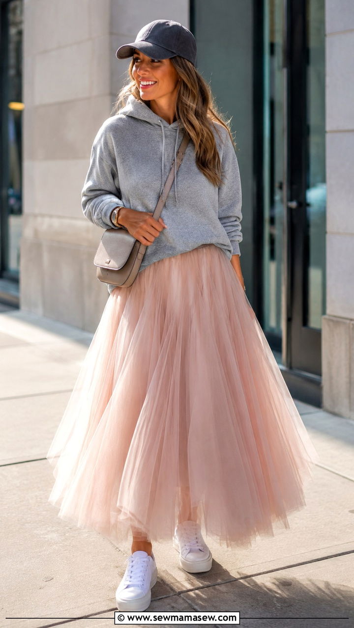 Hoodie with Tulle Maxi Skirt and Platform Sneakers - 30 transitional skirt outfit ideas