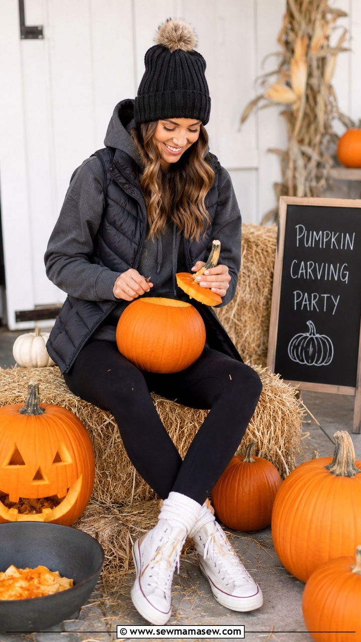 Hoodie with a puffer vest leggings and beanie - 30 Pumpkin carving party outfit ideas