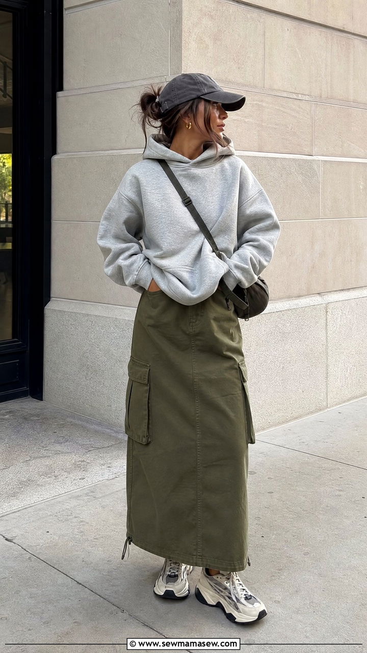 Hoodie with cargo maxi skirt - 35 maxi skirt outfits for women